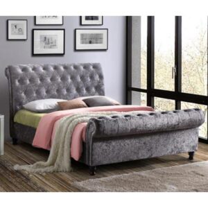 Castella Fabric Double Bed In Steel Crushed Velvet