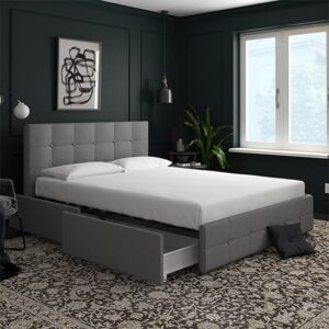 Rosen Linen Fabric Double Bed With Drawers In Grey