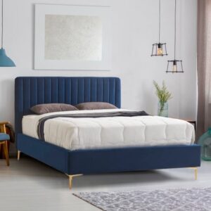 Lenox Velvet Fabric Double Bed In Blue With Gold Metal Legs