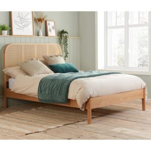 Marot Wooden Double Bed With Rattan Headboard In Oak