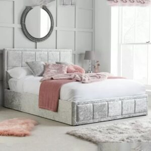 Hanover Fabric Ottoman Small Double Bed In Steel Crushed Velvet