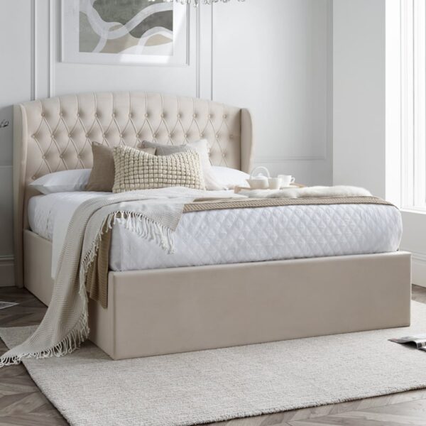Warren Velvet Ottoman Storage Double Bed In Oatmeal